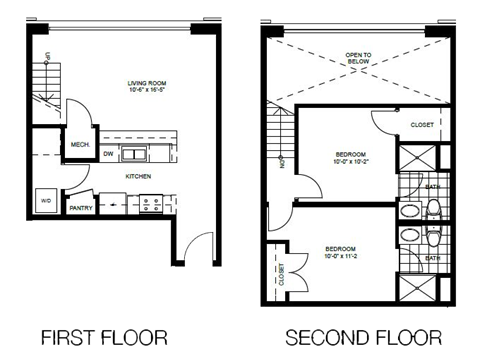 Floor plan for 2 beds, 2 baths, 890 sqft